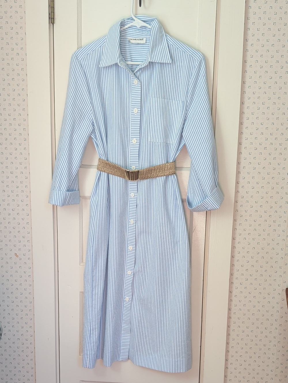 Schrader Seersucker Dress 12  Classic Blue Stripe Stretch Belt Timeless Vintage